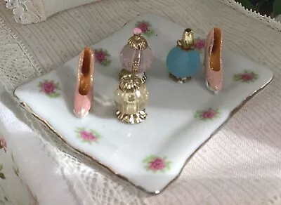 Dollhouse Miniature Lovely Porcelain Gold Trimmed Tray Perfume Sparkle Shoes! • $13.50