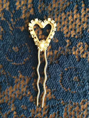 Gold Tone Two Prong Heart Vintage Hair Comb Pearl Rhinestone Fancy Wedding Forma • $15