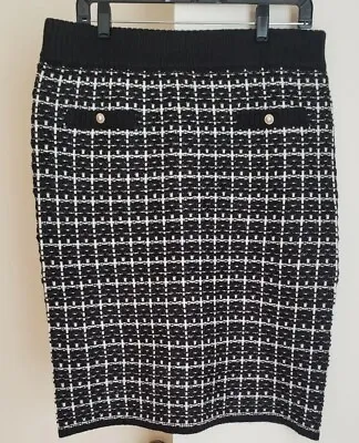 Nwt Calliraphie Check Knitted Black White Jewel Button Pencil Skirt Sz L • $32.99