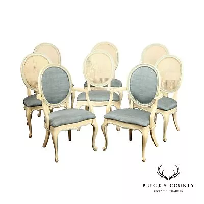 French Louis XV Style Vintage Set Of Eight Painted Cane Back Dining Chairs • $1895