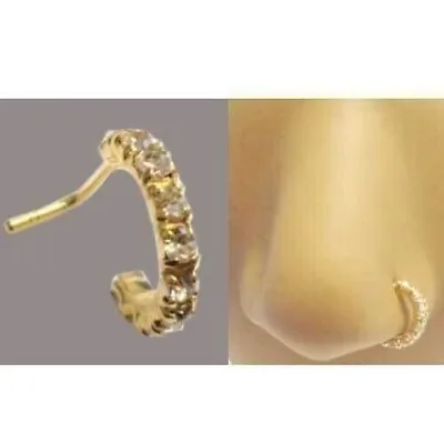 L Shape Nose Ring Stud Hoop Clear Simulated Diamond Daily Use 14K Yellow Gold FN • $31.99