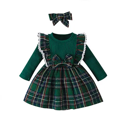 Toddler Baby Girl Tartan Dresses Christmas Infant Long Sleeve Knit Dress Clothes • £8.49