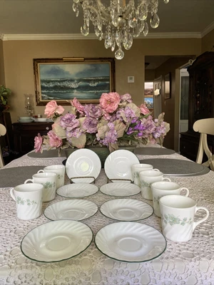$19.99 • Buy Vintage 1990's Corelle Callaway Ivy Swirl Rim Dinner 7 Mugs Cups 8 Saucers 15 Pc