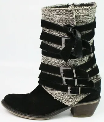 Vera Gomma EUR 39 US 8 - 8.5 Black Suede White Boots Buckles Mid Calf 2  Heel • $79.95