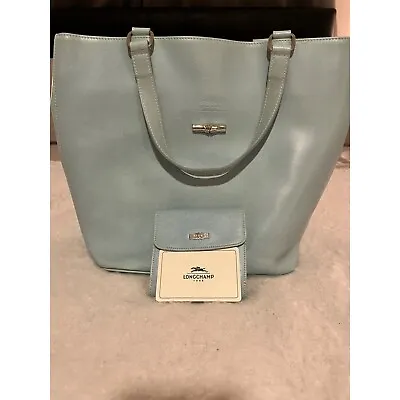 LONGCHAMP Vintage Leather Tote Bag With Matching Wallet In Baby Blue. • $45