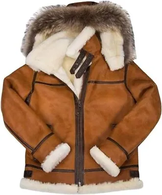 Men's Flight Aviator Leather Sheepskin Shearling Bomber Hooded B3 Brown Jacket • $179.99