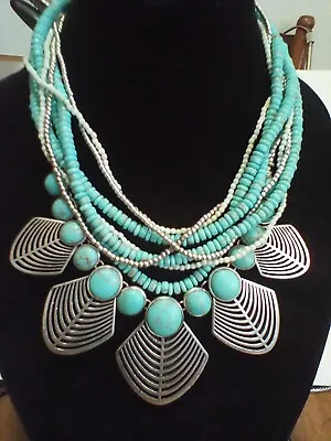 $18 • Buy Lucky Brand Necklace Turquoise And Silver Tone Multi Strand Boho Statement