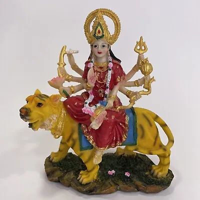 $59.99 • Buy Hindu Goddess Durga Maa Wearing Red Sari Riding Tiger Figurine 8  Tall Statue