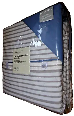 GREY STRIPE & NAUTICAL BLUE 180 T.C 80% COTTON Duvet Cover Set Size SUPER KING • £29.99