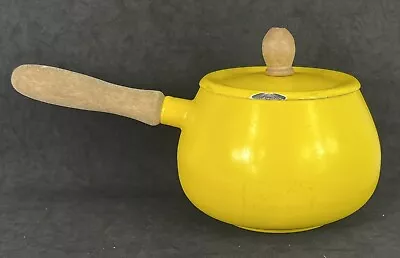 Vintage Yellow Enamel Saucepan With Wooden Handle • $30