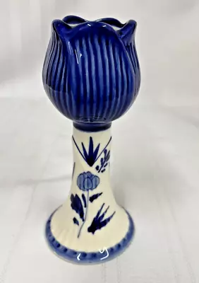 Vtg Delft Blue Holland Hand Painted Tulip Candle Holder Candlestick 6  Floral • $6.95