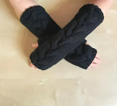 $39.99 • Buy Mittens Gloves Hand Knit 100 % Baby Alpaca Fingerless Gloves Black Winter Gift