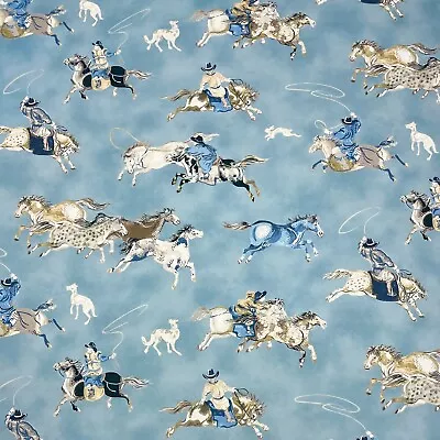 P Kaufmann Altai Riders Horizon Blue Cowboy Horses Cotton Fabric By Yard 54 W • $14.99