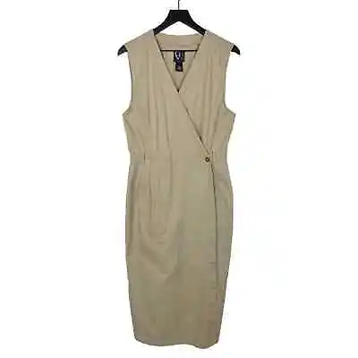Vintage Dress Sleeveless Wrap Khaki Beige Midi V Neck Jumper Women's Size Large • $29.99