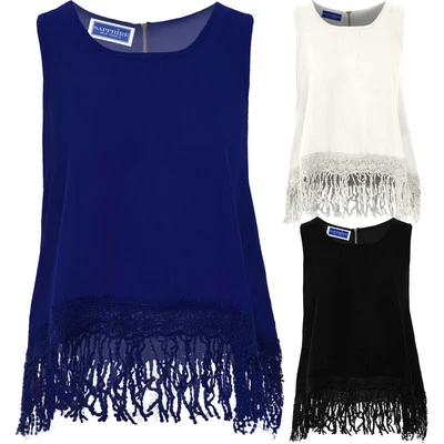 £9.99 • Buy Womens Floral Lace Crochet Tassel Fringe Bottom Semi Sheer Baggy Oversized Top