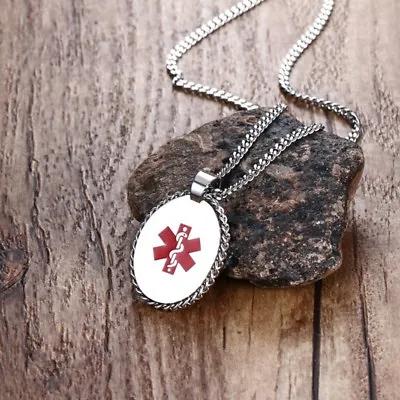 Medical Alert ID Pendant Necklace Chain Custom Engraving DIY SOS Stainless Steel • £12.59