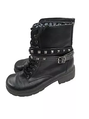 Bongo Fate Black Chunky Lace Up Combat Gothic Boots Strap And Studs Size 8   • $19.40