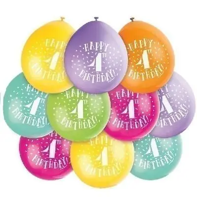 4th BIRTHDAY BALLOONS - PACK Of 10 - AGE 4 PARTY  *boy Or Girl*   FAST DISPATCH • £2.95