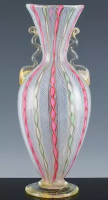 Exquisite Vintage Murano Latticino Gold Aventurine Blown Italian Art Glass Vase • $49