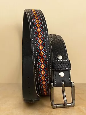 Genuine Leather Beaded Western Men Belt Hand Made Embossed With Removable Buckle • $44.99