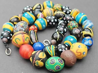 Venetian Trade Bead Skunk Swirl Millefiori Mixed Antique Lampwork Glass Necklace • £114