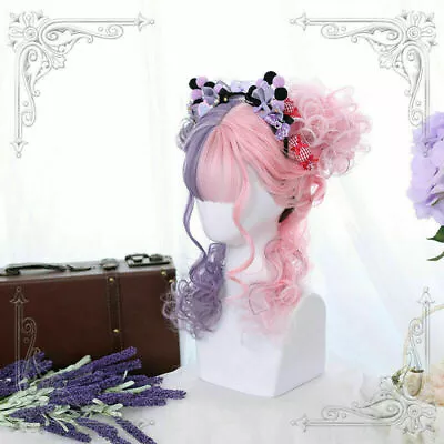 Rainbow Lolita Long Short Curly Wavy Ombre Bangs Bob Cute Japan Cosplay Wig+Cap • £20.39