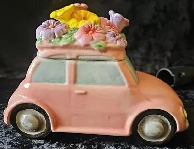 Maxcera Cookie Jar Canister Spring Flower Volkswagen Beetle VW Car Ceramic Pink • $60