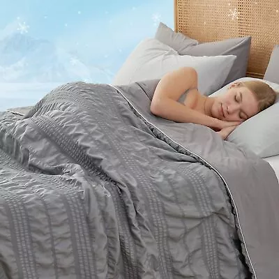 Cozy Bliss Seersucker Cooling Comforter Queen Size Q-Max 0.4 Reversible Light... • $115