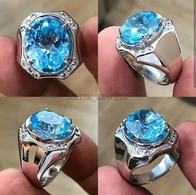 Natural Blue Topaz Gemstone With 925 Sterling Silver Ring For Men's AJ453 • $134.70