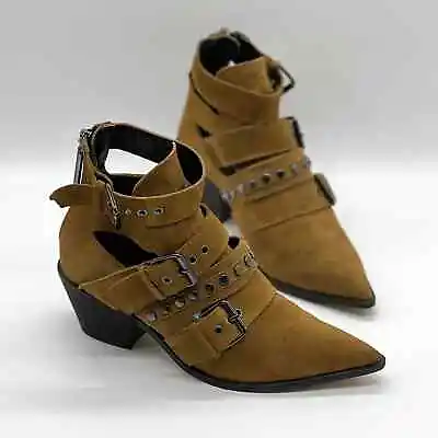 ZARA Suede Studded Bootie Womens 36 Brown Buckle Buckle Heeled Pointy Toe Shoes • $83.95
