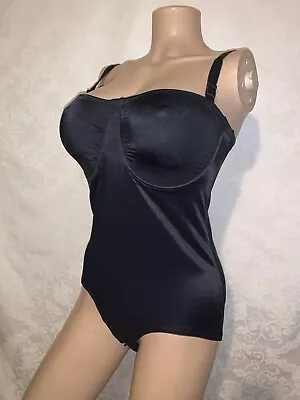 38D L Vtg Bodysuit Second Skin Satin Crownette Shaper Bra Girdle One Pc OB Hook • $14.99