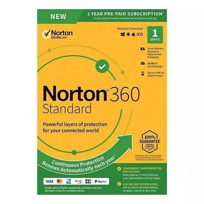 Norton 360 Standard 2024 1 Device 1 Year Digital Email License Key • $13.90