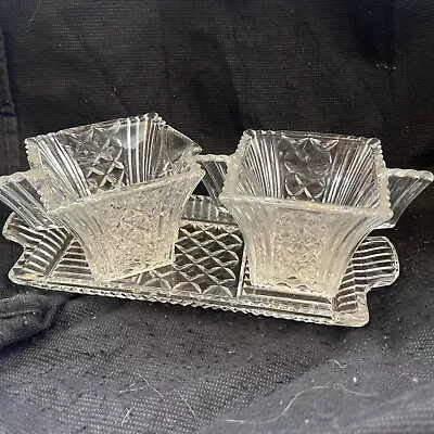 VTG Crystal Cut Glass Deco Square Sugar & Creamer Set With Tray Depression Clear • $22