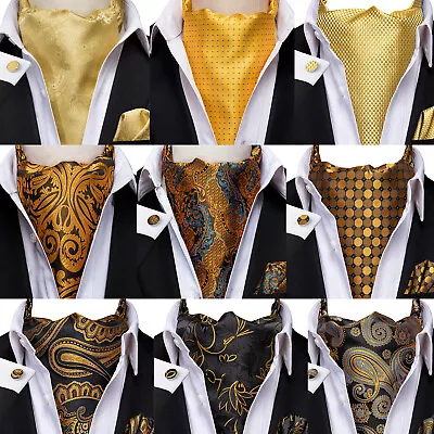 Gold Paisley Mens Silk Ascot Cravat Tie Formal Scarf Handkerchief Cufflinks Set • £10.99