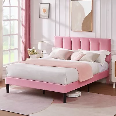 Velvet Upholstered Pink Twin Full Queen Size Bed Frame Headboard Girl Platform • $169.99