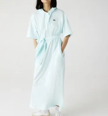 Lacoste Turquoise Oversized Hooded Organic Cotton Piqué Polo Maxi Dress Size XL • £99