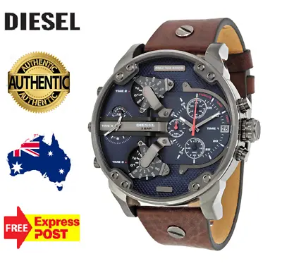 New Diesel Mr Daddy 2.0 Dz7314 Gunmetal/blue/brown Leather Chrono Mens Watch • $279.99