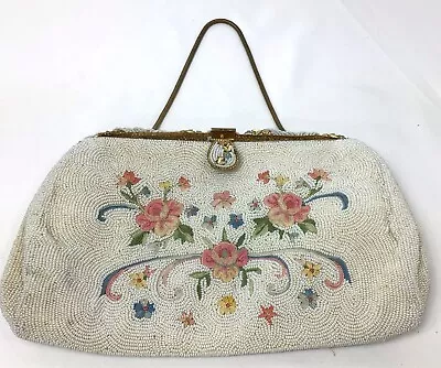 VTG Pointe De Beauvais Hand Made In France Beaded Evening Bag Purse 9.5” • $53.99