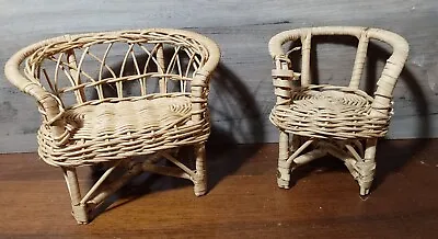 Vintage 1970s Rattan Wicker Barbie Doll Furniture Chair Loveseat Display 2pc • $25