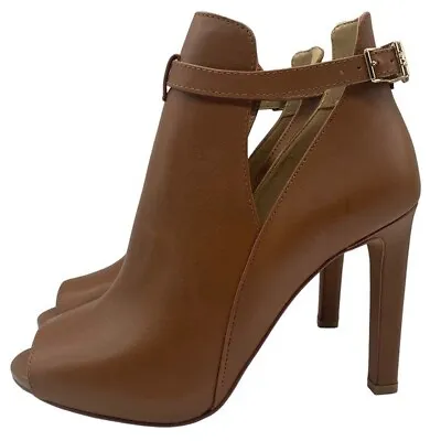 Michael Kors Women's Booties Lawson Brown Leather Designer Heeled Peep Toe 6.5 • $50.74