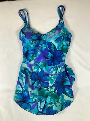 Maxine Of Hollywood One Piece Blue Teal Floral Bathing Swimsuit Swimskirt Sz 10 • $14