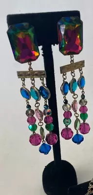 Vintage 1960 WEST GERMANY Colorful Glass  Drop Dangle Clip Earrings FREE US SHIP • $32.98