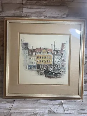Mads Stage Framed Signed Watercolor Print Nyhavn Black Ship Copenhagen  • $40