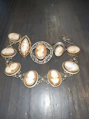 Vintage Sterling Silver Multi Carved Shell Cameo Link Bracelet Rings Broche • $120