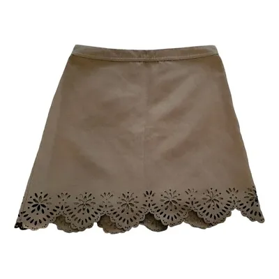 Hollister Faux Suede Mini Tan Skirt Fully Lined Back Zipper Scalloped Edge SZ 1 • $11.99