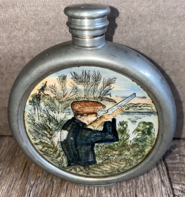 £14.99 • Buy Vintage HIP FLASK Fine British PEWTER Sheffield England Bird HUNT Duck Shooting 