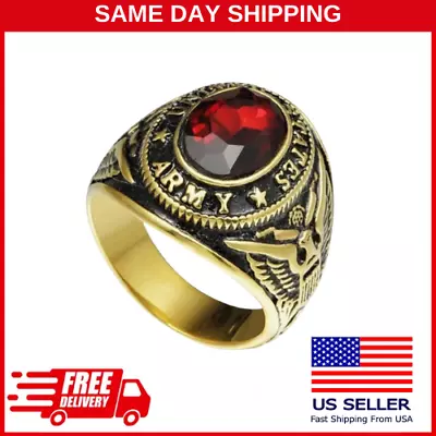 MEN Stainless Steel US Army/Navy Military Silver/Gold Plated Simulated Ruby Ring • $23.89