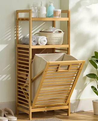 Wooden Bamboo Laundry Hamper Tilt Out Liner Bag Clothes Basket Shelf Organizer • $86.95