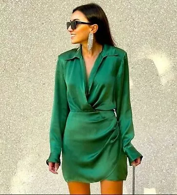 Zara Women's Bnwt Satin Effect Wrap Dress All Green Size S Nwt #97a • $6.50