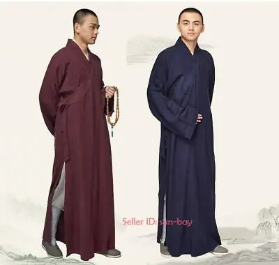 Shaolin Buddhist Monk Dress Meditation Cotton Linen Long Robe Gown Kung Fu Suit • $83.97